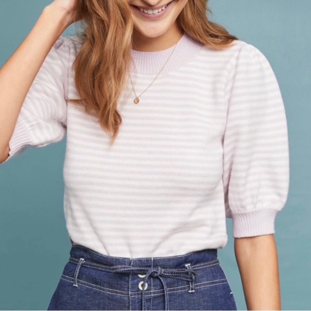 Anthropologie MOTH Brand Connelly Lilac Striped Puff Sleeve Sweater Sz XL